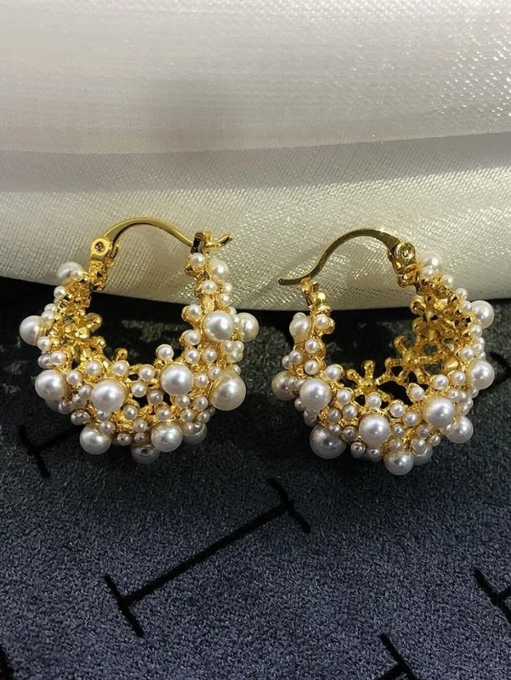 Gold Pearl Cluster Hoop Earrings - Women Jewelry